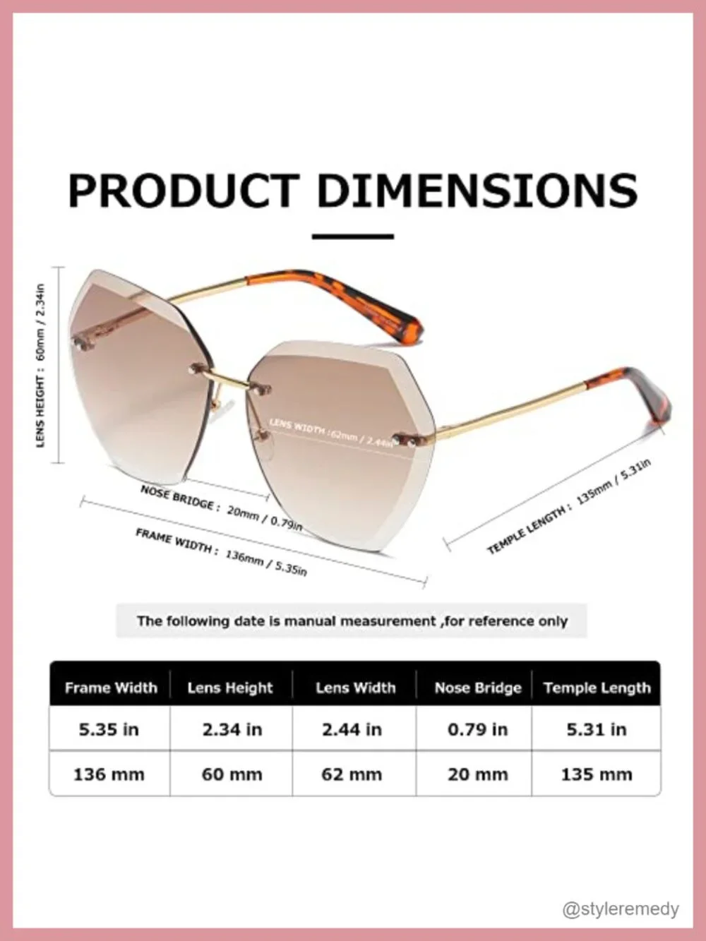 Oversized Rimless Sunglasses UV400 Diamond Cut Metal Frame